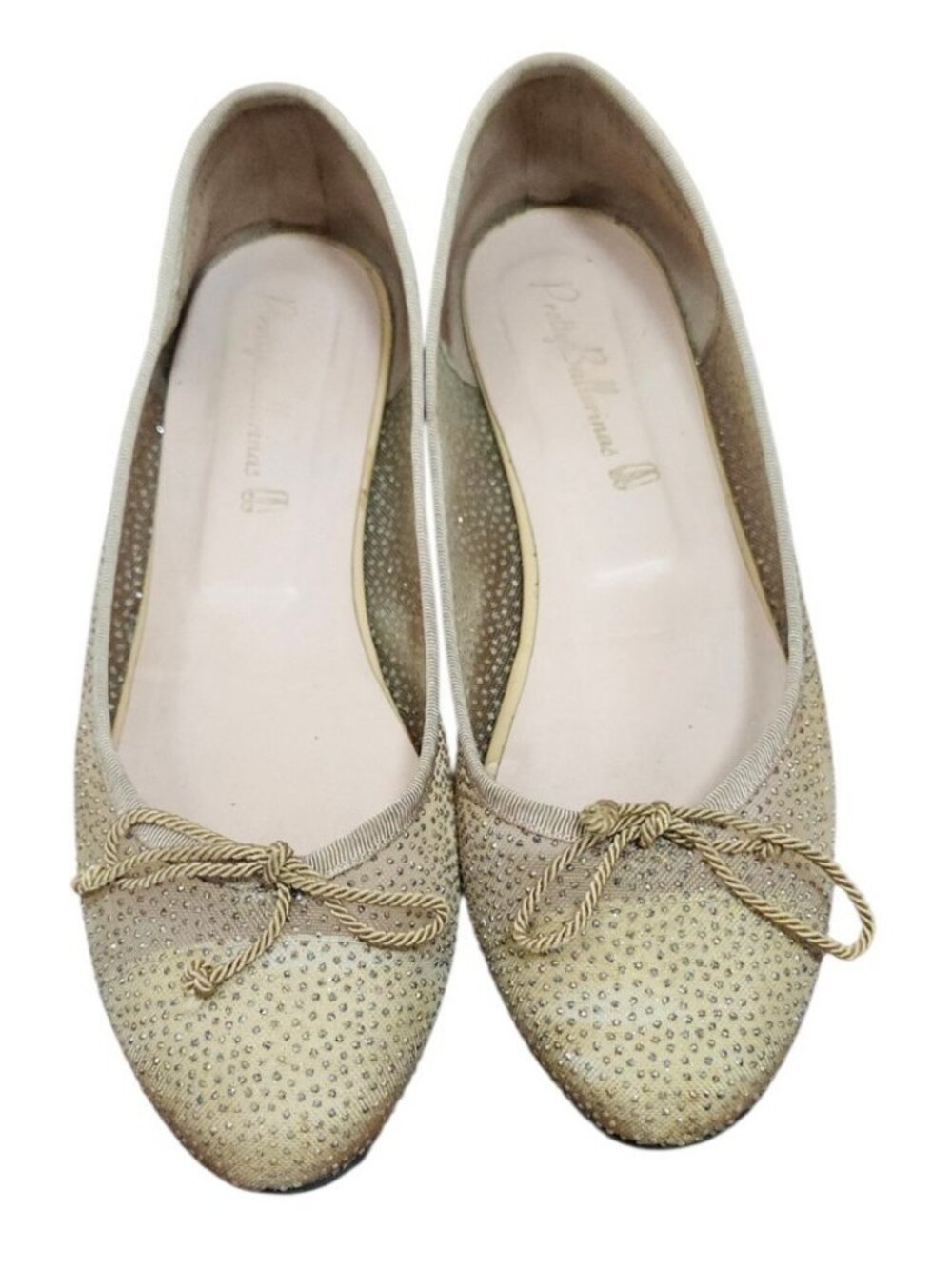 Pretty Ballerinas Size 40 Crystal Studded Ballet Flats Beige Gold Spain EU 40 - Picture 2 of 14